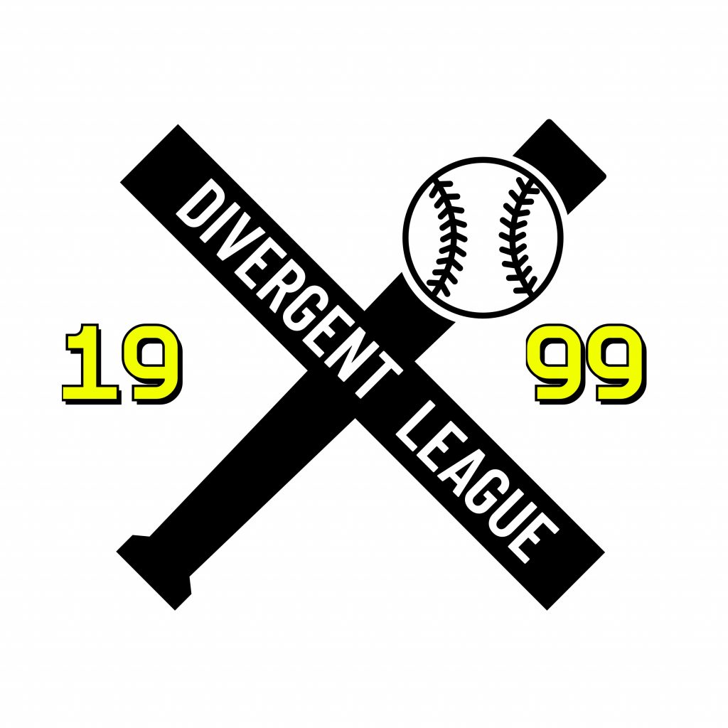 The Divergent League Baseball 1999 Season Logo. Two crossed baseball bats at 45 degree angles in the center with 19 and 99 on the left and right sides respectively. A baseball is overlaid on the top right of one bat.